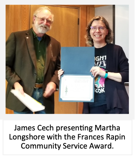 James Cech presenting Martha Longshore with the Frances Rapin Community Service Award.